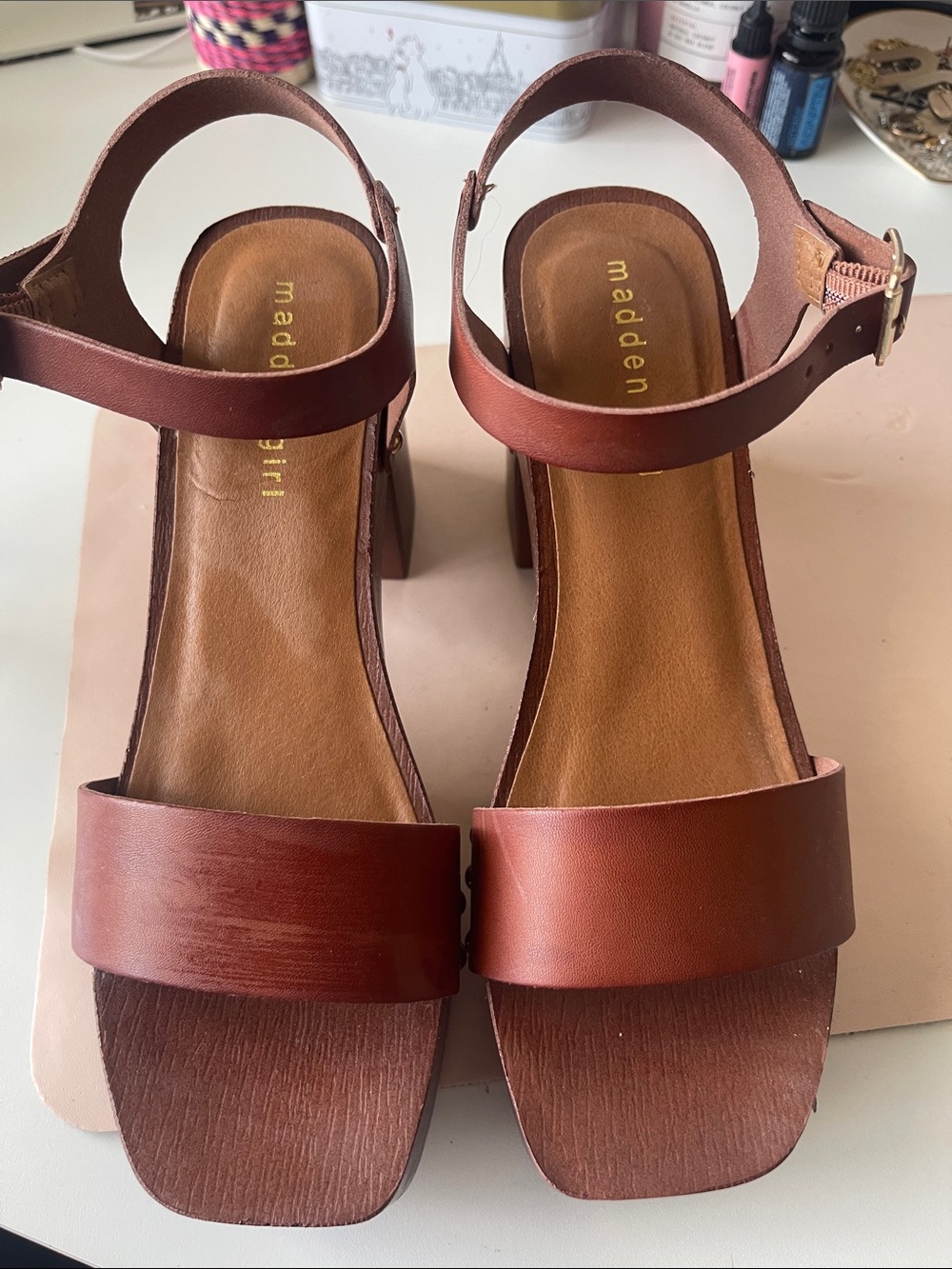 Madden Girl Brown Leather Block Heel Sandals